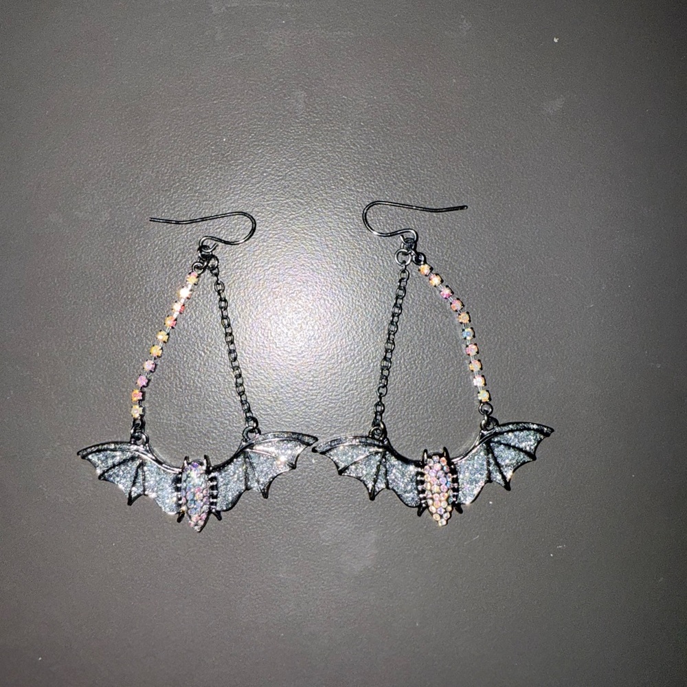 Super Pretty Betsey Johnson Black and Silver Bat Earrings with Gems